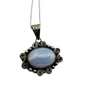 Vintage Sterling Silver CII Mexico Blue Lace Agate Pendant Necklace Ornate